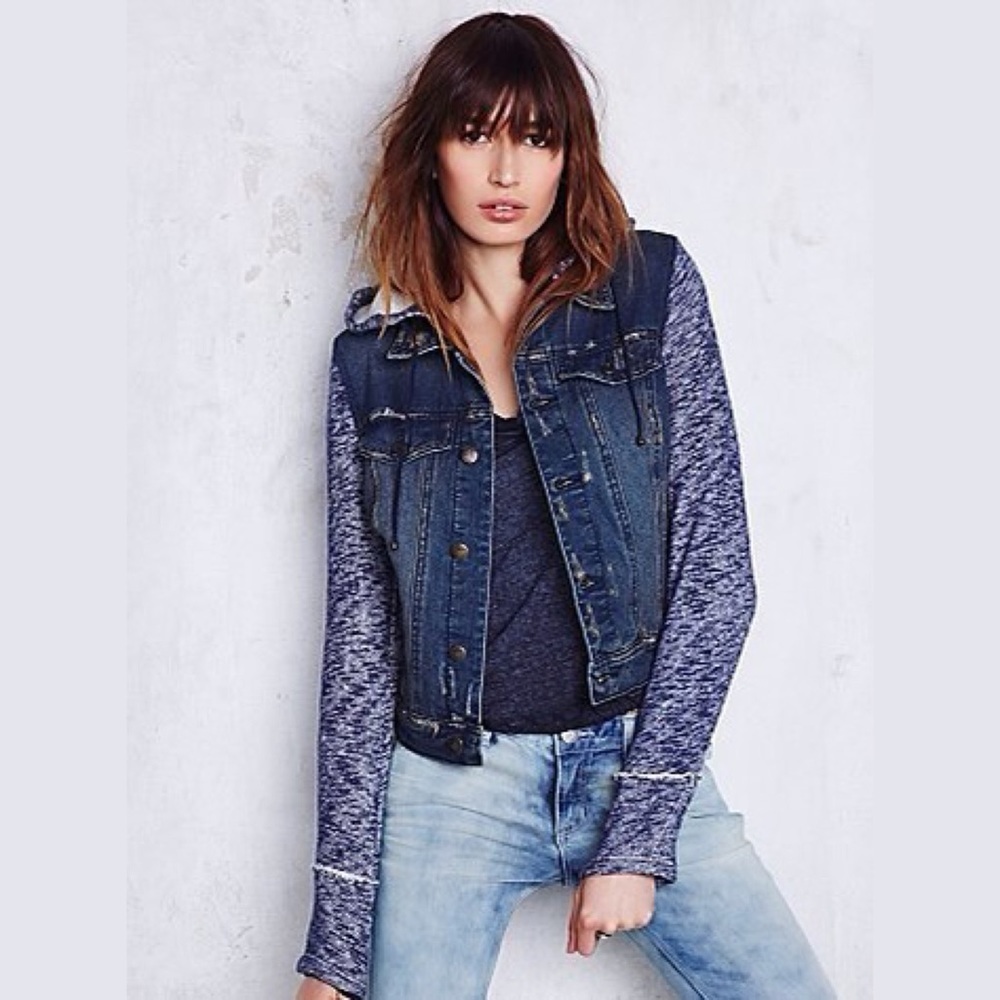 Free People Denim/Knit Hoodie Jacket